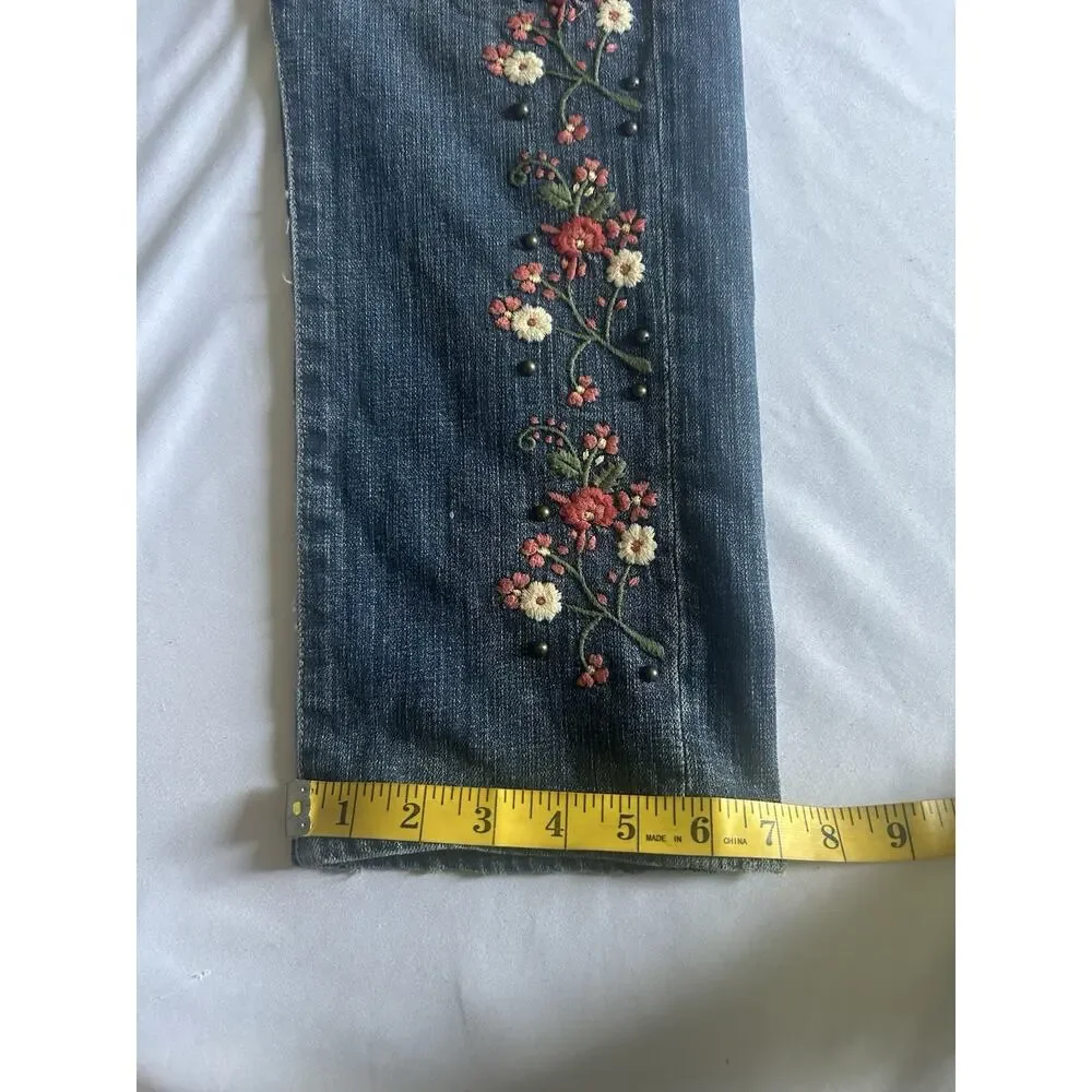 Pilcro Floral Embroidered Beaded Hyphen Straight Leg Jeans Womens Size 28 Blue